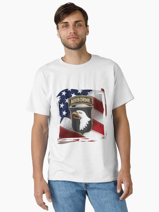 101st Airborne Division - 101st ABN Insignia over American Flag Classic T-Shirt