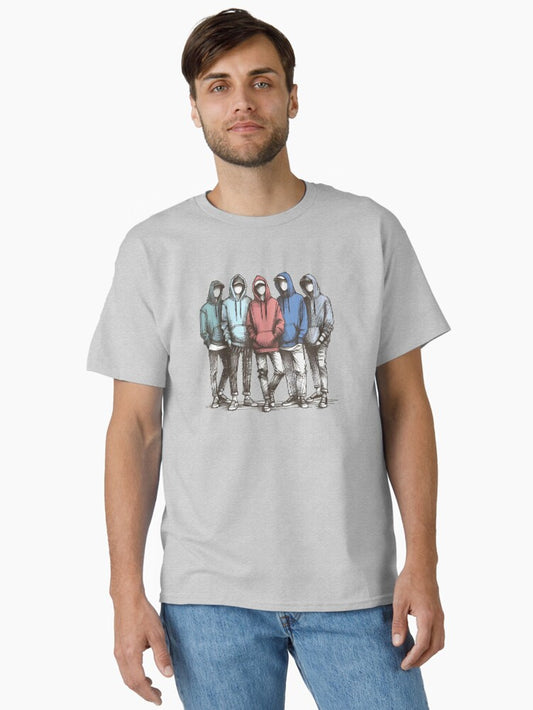 Street Style Hoodie Crew Graphic Tee | Cool Urban Aesthetic T-Shirt | Edgy Streetwear Line Art Shirt for Men & Women | Trendy Sketch Art Classic T-Shirt