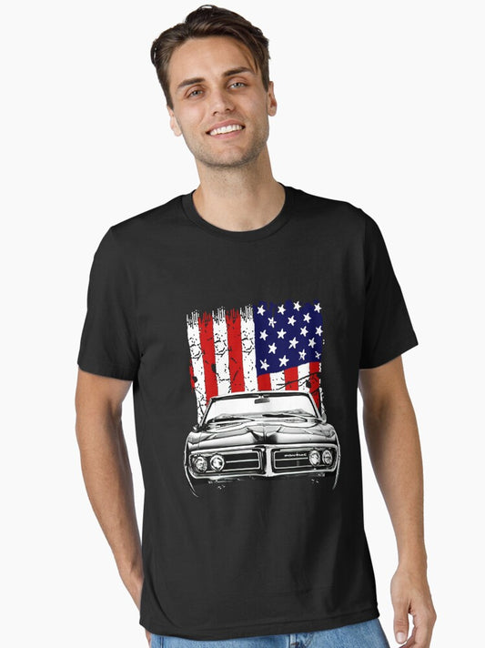 1967 Pontiac Firebird Front Grill View Silhouette with Us Flag Essential T-Shirt