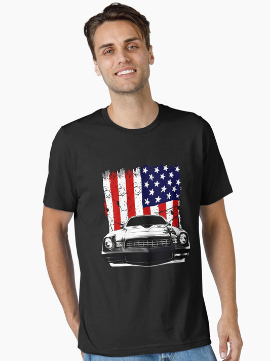 1979 1980 1981 Camaro Z28 Front Grill View with Us Flag Essential T-Shirt