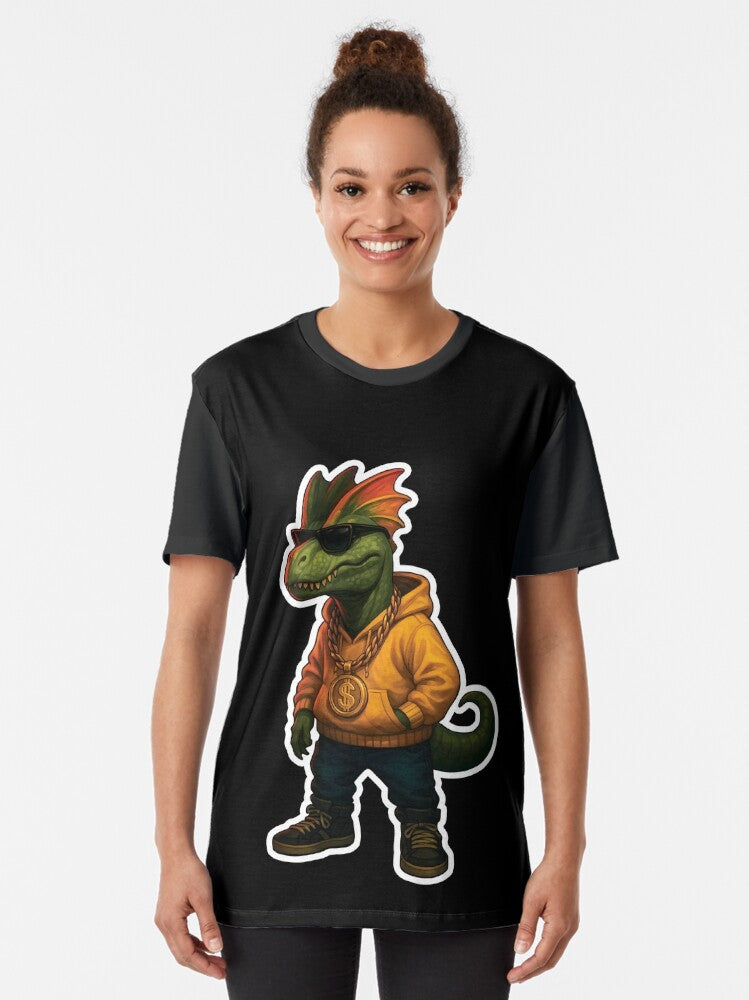 Sticker D-Lo Fresh – Dilophosaurus in Hoodie & Shades | Urban Hip-Hop Dinosaur Street Style Graphic T-Shirt