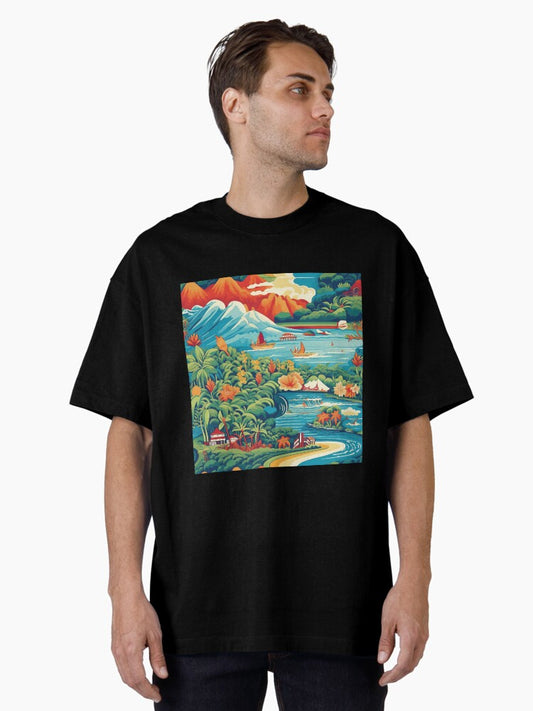 Hawaii Travel Poster Inspired Illustration Mountains to Sea Oversized T-Shirt