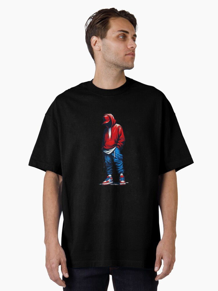Red Hoodie Hustle - Hip Hop Vibes Design Oversized T-Shirt