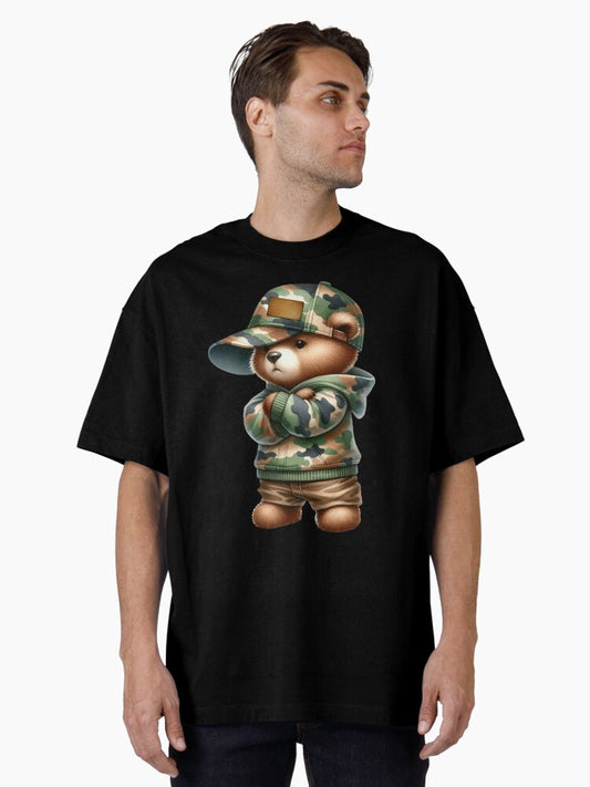 Tough Camo Bear in Hoodie and Cap Oversized T-Shirt