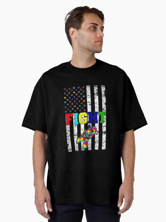 Fight Autism Ribbon Us Flag Autism Awareness Oversized T-Shirt