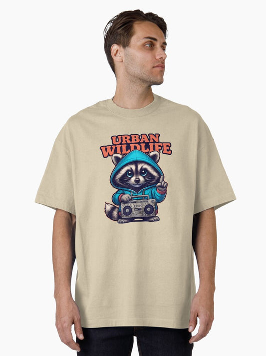 Raccoon in Hoodie with Boombox Design Oversized T-Shirt