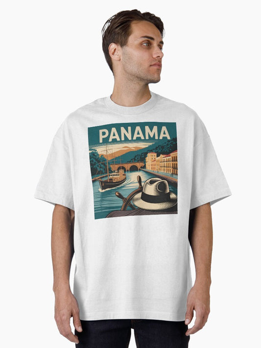 Panama Vintage Travel Poster: Canal, Rainforest & Colonial Charm Oversized T-Shirt